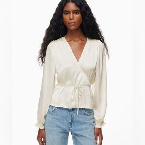 Wilfred Aritzia gracious satin wrap cream blouse